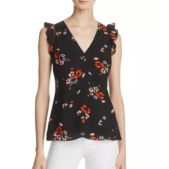 Rebecca Taylor Marguerite Black Floral Silk Top Size US XS 2 (EU 6) EUC Ruffles - Picture 1 of 11